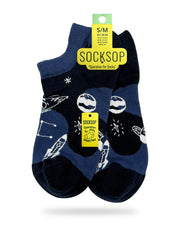 Socksop Space ankle socks — studio hero shot navy pair with planets rockets and constellations