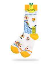 Socksop Amusement Park crew socks — studio hero shot with Ferris wheel hot-air balloons and roller coaster motifs on white