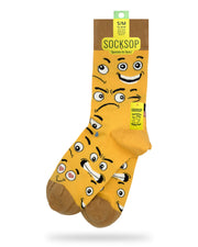 Socksop Emoji crew socks — studio hero shot with expressive cartoon faces in yellow with tan accents