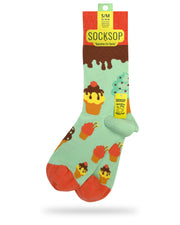 Socksop Ice Cream crew socks — studio hero shot mint green with cupcakes and dripping chocolate cuff