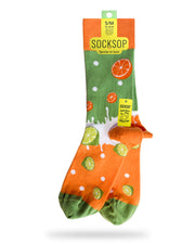 Socksop Orange and Lime crew socks — studio hero shot citrus split design green cuff orange foot