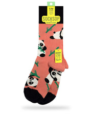 Socksop Panda crew socks — studio hero shot coral pink with playful panda and bamboo motifs