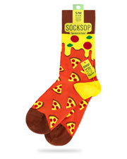 Socksop Pizza crew socks — studio hero shot orange red with pepperoni slice and melted cheese cuff
