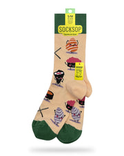 Socksop Sushi crew socks — studio hero shot peach with smiling sushi roll and nigiri characters
