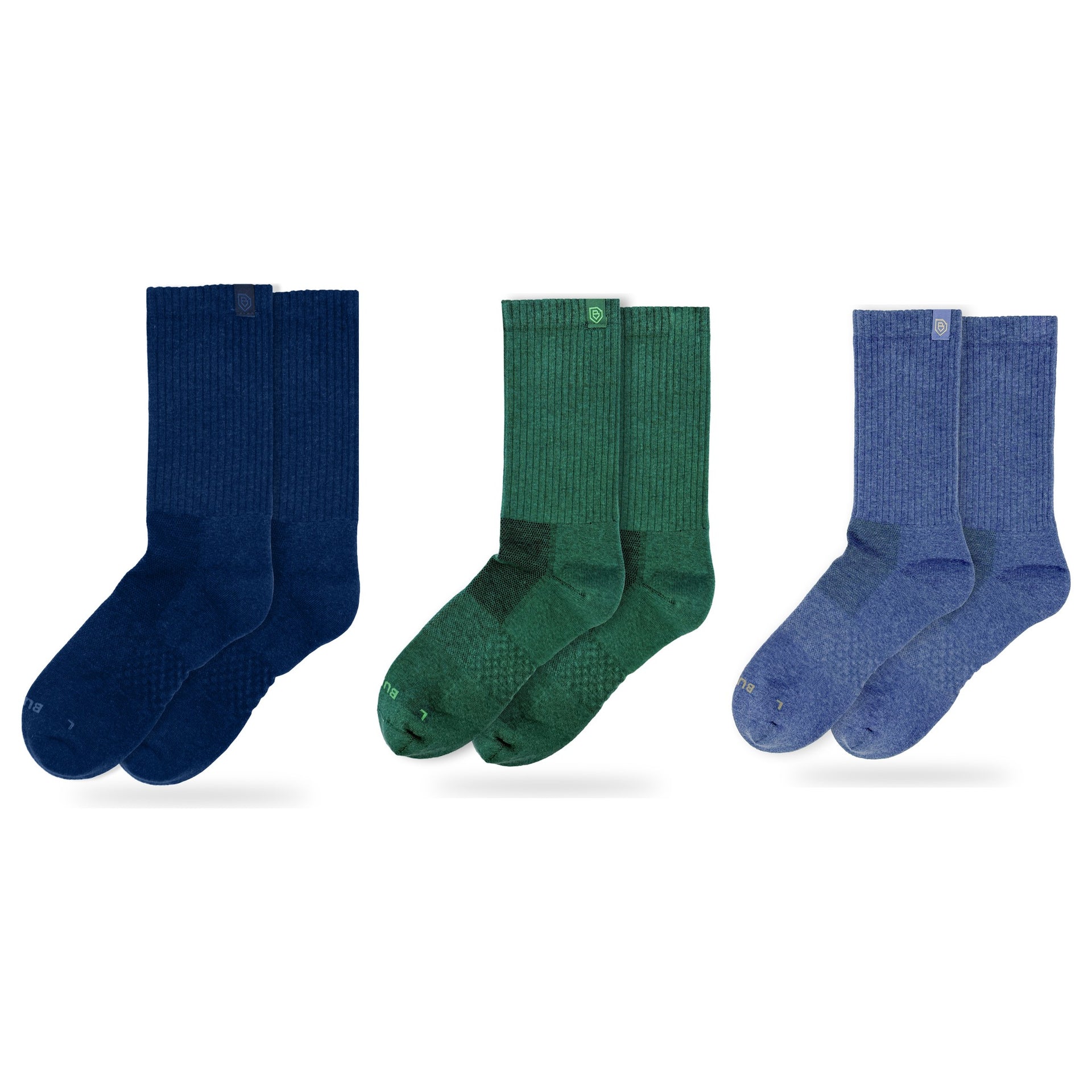 Bulg 788 Combed Cotton Crew Socks 3-Pair Aurora Pack — Dark Blue Bond, Esmeralda, Quamash