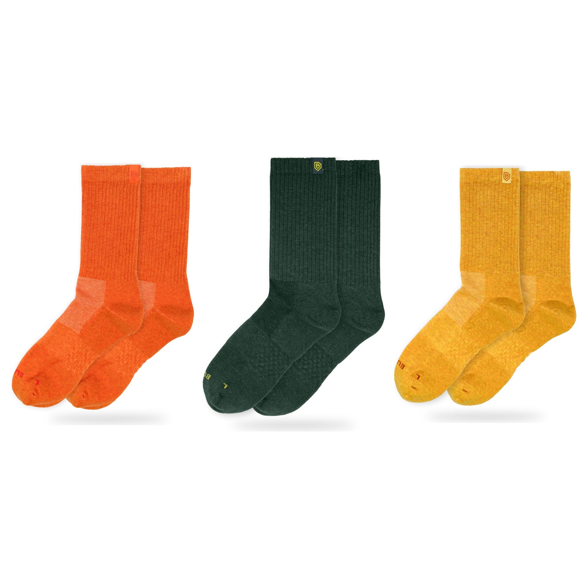 Bulg 788 Combed Cotton Crew Socks 3-Pair Retro 70s Pack — Bali Orange, Heritage Green, Summer Gold