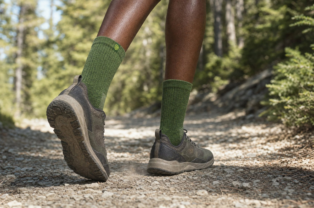 Hiker mid-stride on a forest gravel trail in green Bulg cushioned crew socks