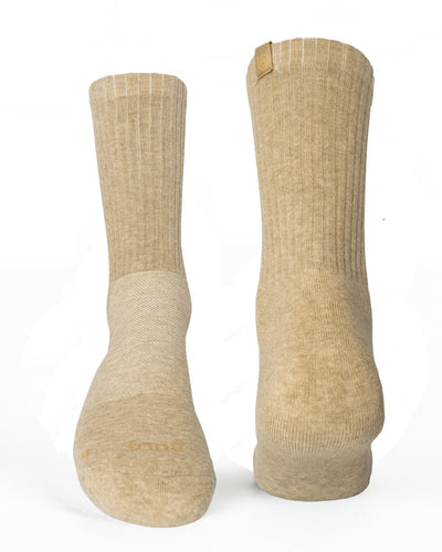 Bulg 788 Anatolia crew socks flatlay product shot in warm sand beige heather