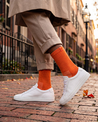 Bulg 788 Bali Orange crew socks lifestyle shot bringing a bright accent to a casual outfit