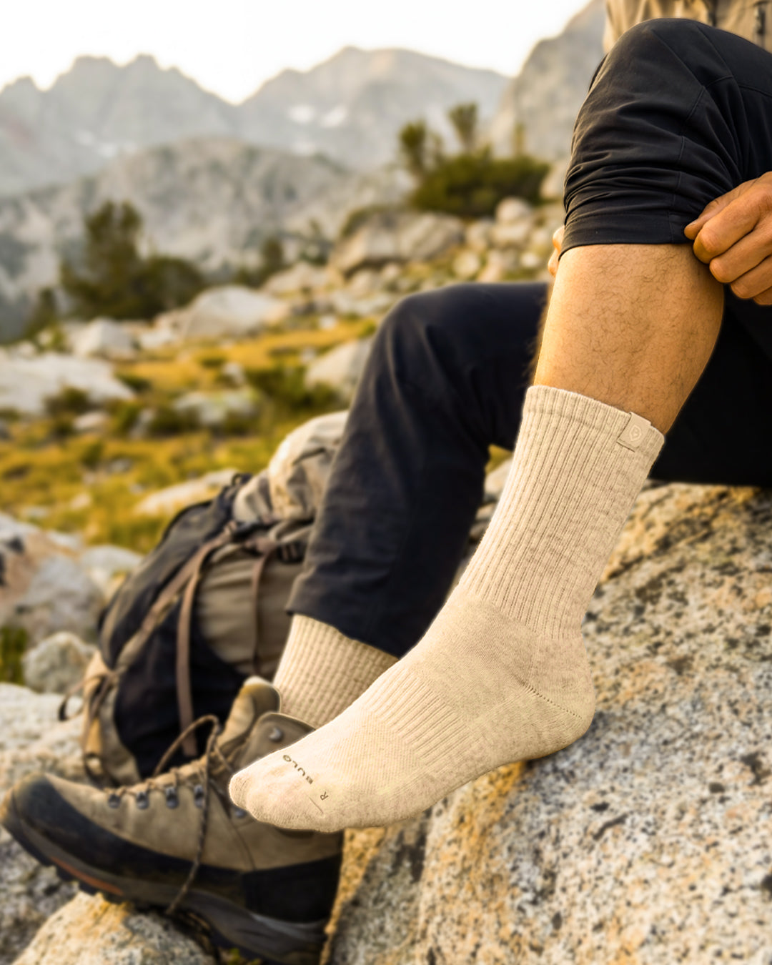 Bulg 788 Bleached Nature crew socks worn outdoors with a clean neutral palette