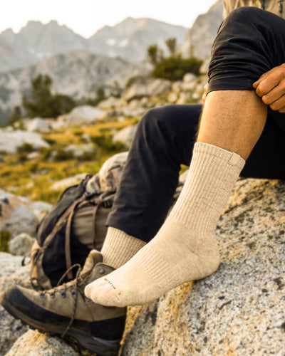 Bulg 788 Bleached Nature crew socks worn outdoors with a clean neutral palette