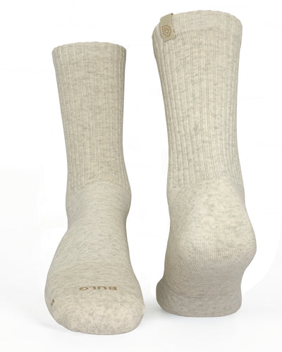 Bulg 788 Bleached Nature crew socks flatlay product shot in soft oat marl heather