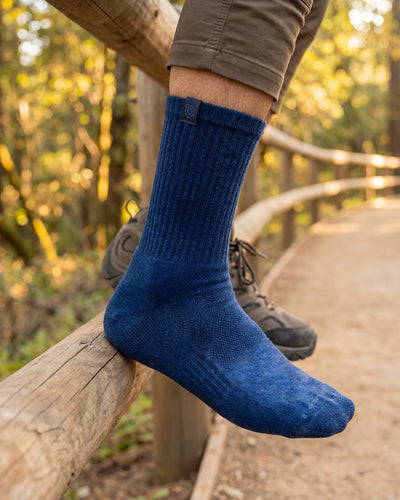 Bulg 788 Blue Bond crew socks worn outdoors offering a versatile navy staple