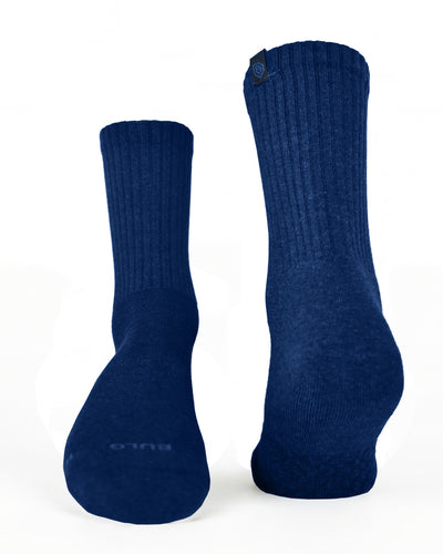 Bulg 788 Blue Bond crew socks flatlay product shot in deep navy heather