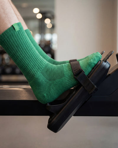 Bulg 788 British Racing Green crew socks in athletic use with classic emerald ribbed cushioning
