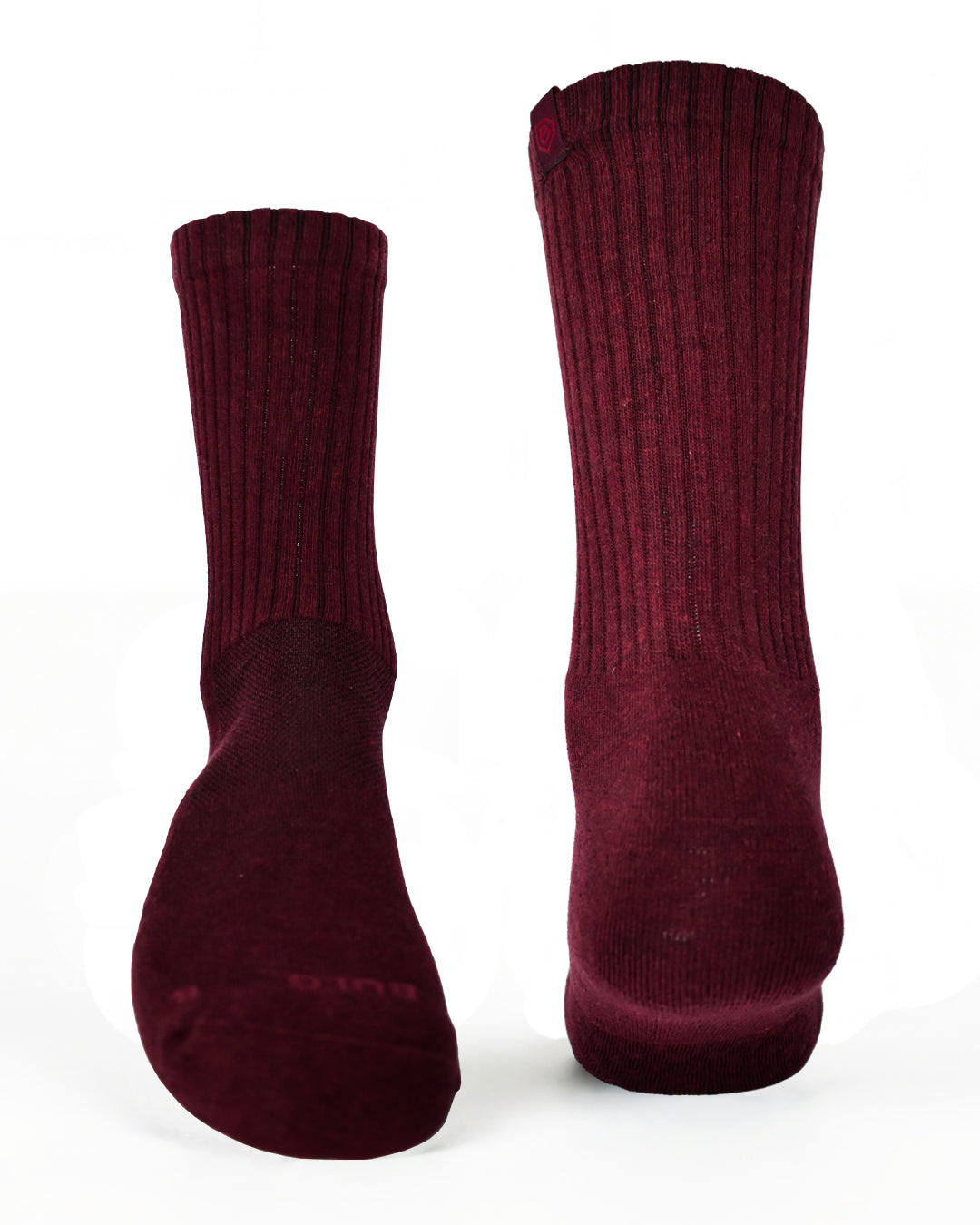 Bulg 788 C'est la Vie crew socks flatlay product shot in deep wine burgundy heather