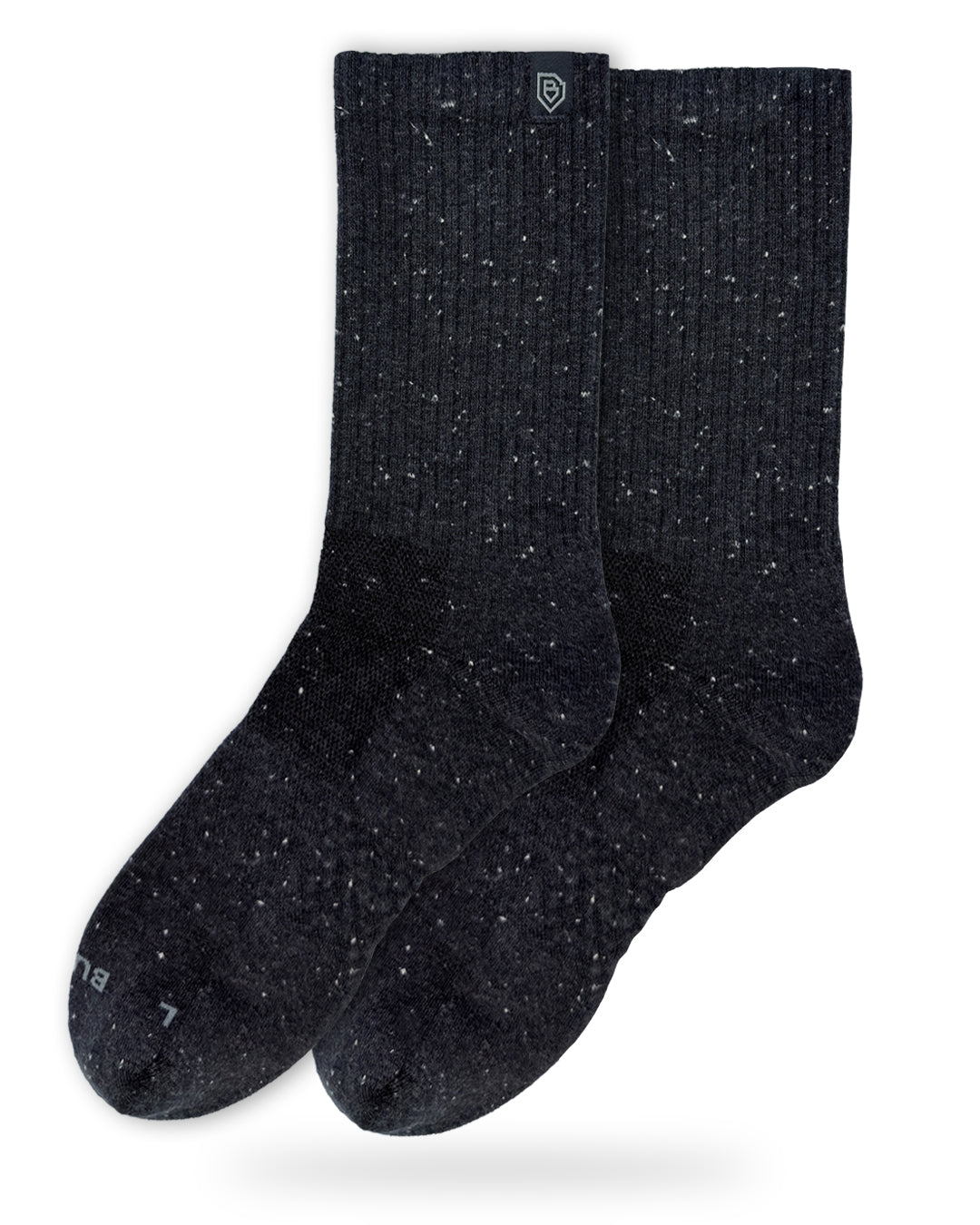 Bulg 788 Charcoal White Berry performance crew socks studio hero shot in speckled black donegal knit