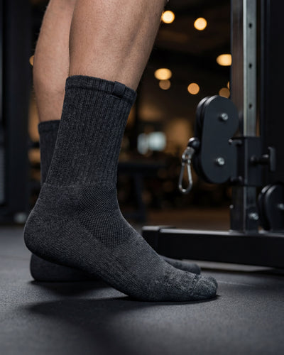 Bulg 788 Darkness crew socks in athletic use with deep charcoal ribbed cushioning