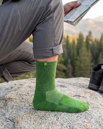 Bulg 788 Dormen crew socks worn outdoors with a fresh kelly green pop