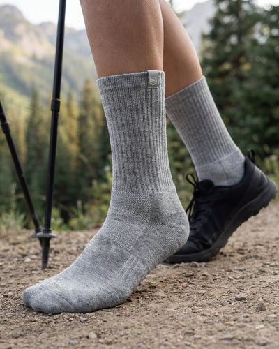 Bulg 788 Ephesus crew socks worn outdoors with an easygoing heather grey palette