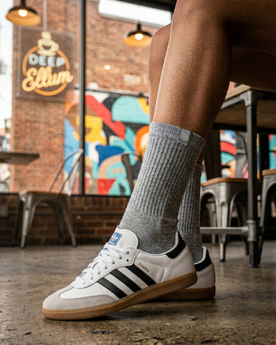 Bulg 788 Ephesus crew socks lifestyle shot pairing heather grey with everyday wear