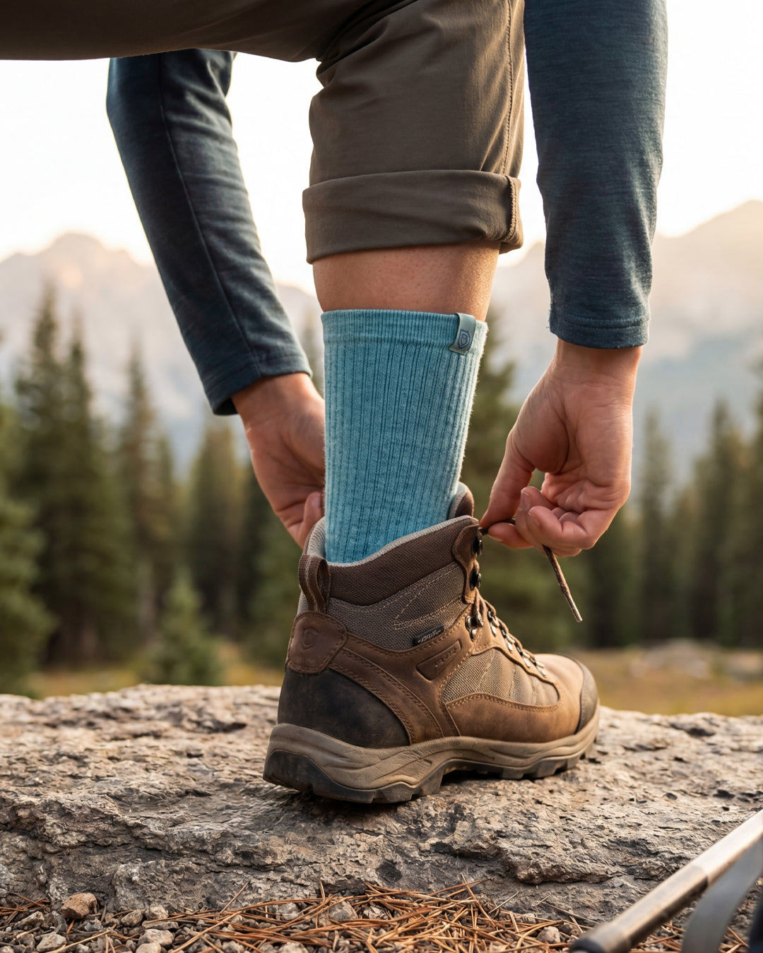 Bulg 788 Goshima crew socks worn outdoors with a soft dusty blue palette