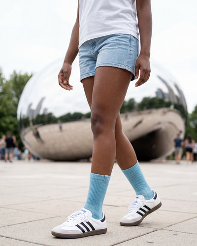 Bulg 788 Goshima crew socks lifestyle shot pairing dusty blue with relaxed daily wear