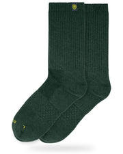 Bulg 788 Heritage Green performance crew socks studio hero shot in deep pine ribbed knit