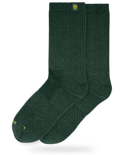 Bulg 788 Heritage Green performance crew socks studio hero shot in deep pine ribbed knit