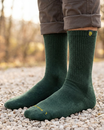 Bulg 788 Heritage Green crew socks worn outdoors echoing forest pine tones
