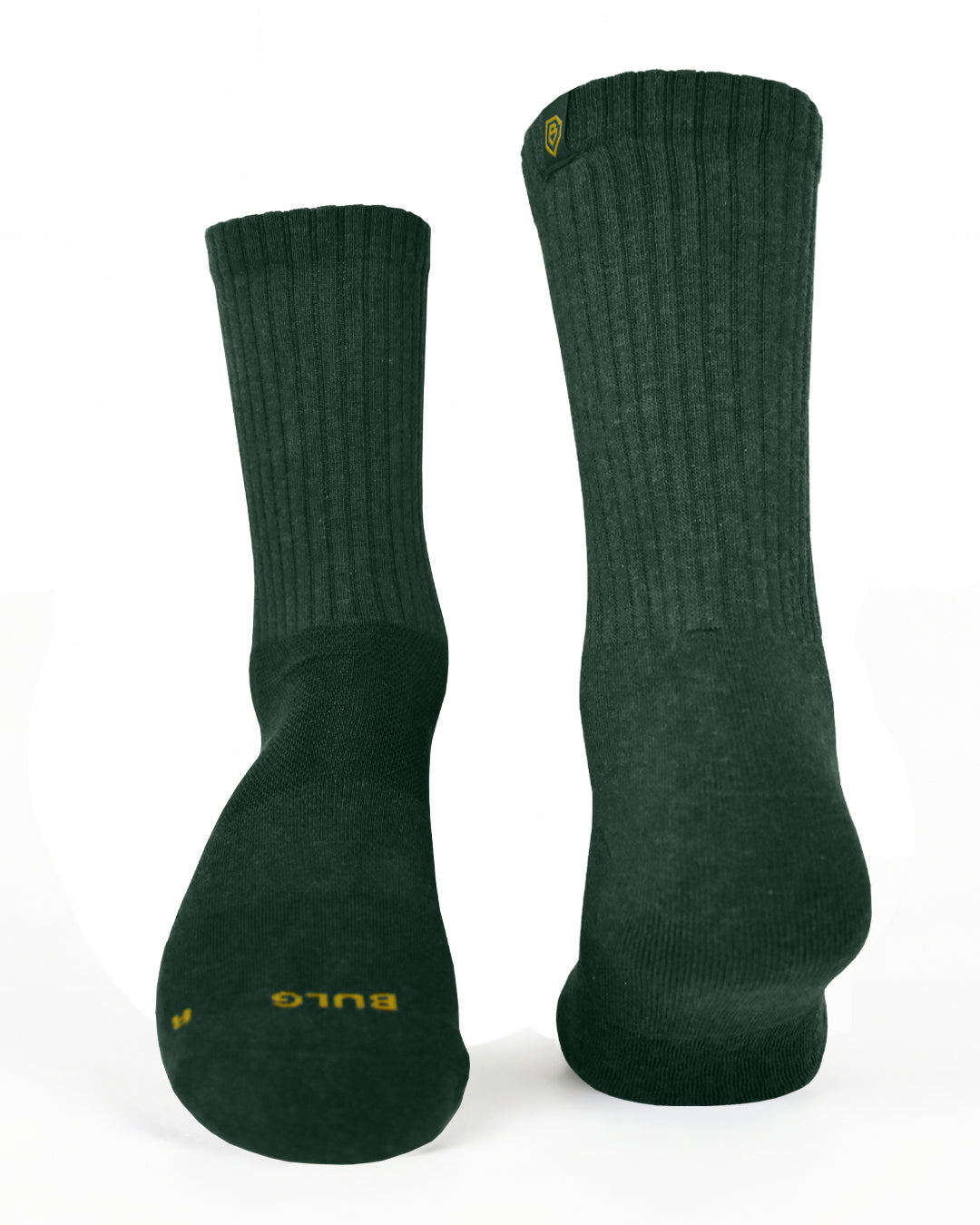 Bulg 788 Heritage Green crew socks flatlay product shot in deep pine green