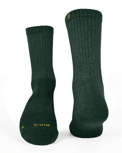 Bulg 788 Heritage Green crew socks flatlay product shot in deep pine green