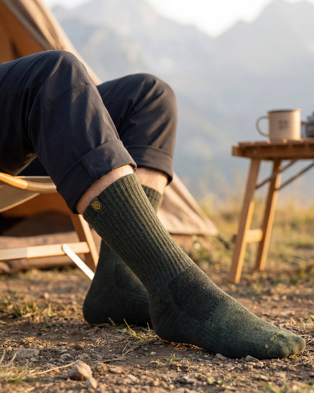 Bulg 788 Hunter crew socks worn outdoors styled with loafers in a hotel lounge setting