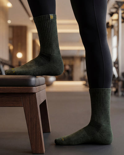 Bulg 788 Hunter crew socks in athletic use with dark olive ribbed cushioning