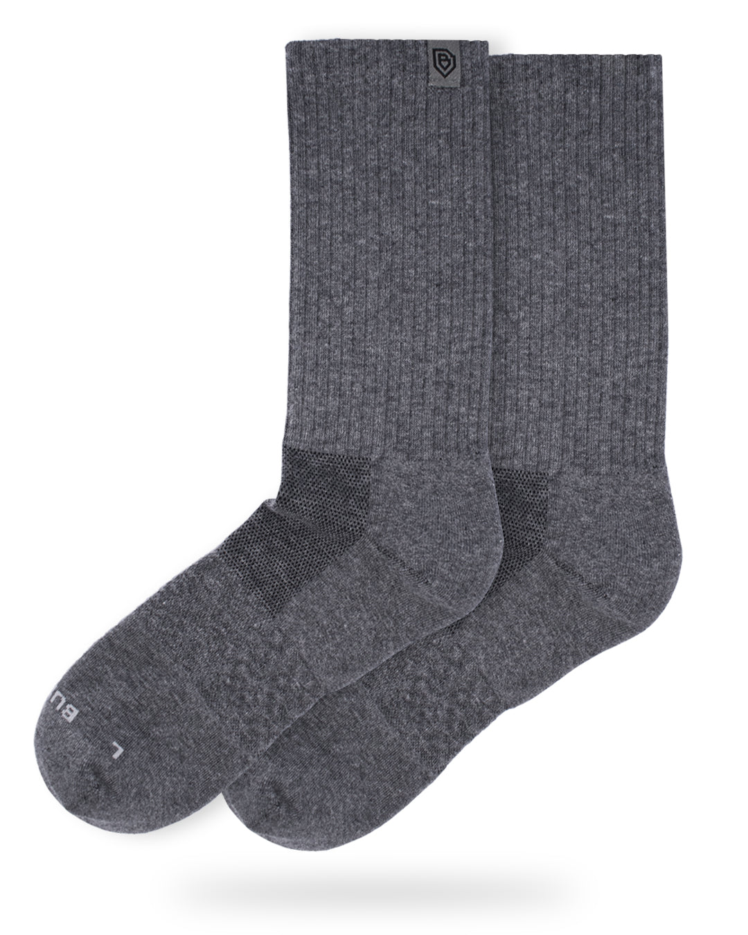 Bulg 788 Laden Grey performance crew socks studio hero shot in mid heather grey ribbed knit