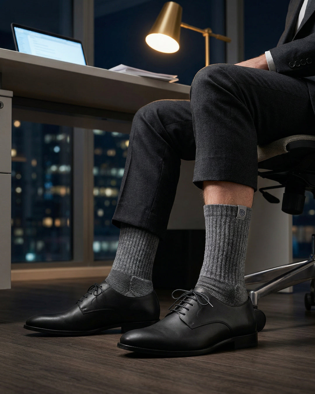 Bulg 788 Laden Grey crew socks lifestyle shot styled for office and weekend wear