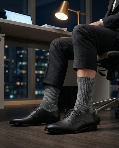 Bulg 788 Laden Grey crew socks lifestyle shot styled for office and weekend wear