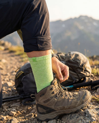 Bulg 788 Primavera crew socks worn outdoors with a bright spring lime pop