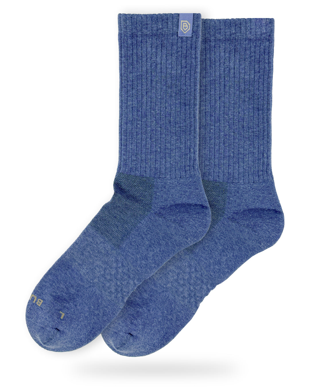 Bulg 788 Quamash performance crew socks studio hero shot in muted denim blue heather knit