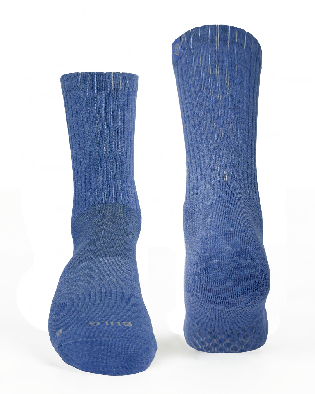 Bulg 788 Quamash crew socks flatlay product shot in muted denim blue heather