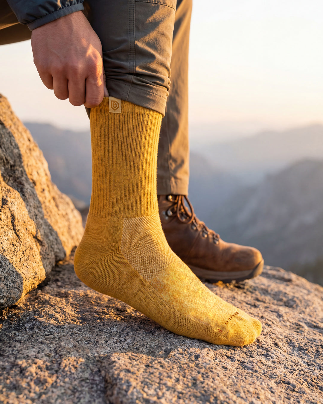 Bulg 788 Summer Gold crew socks worn outdoors with a warm mustard yellow accent
