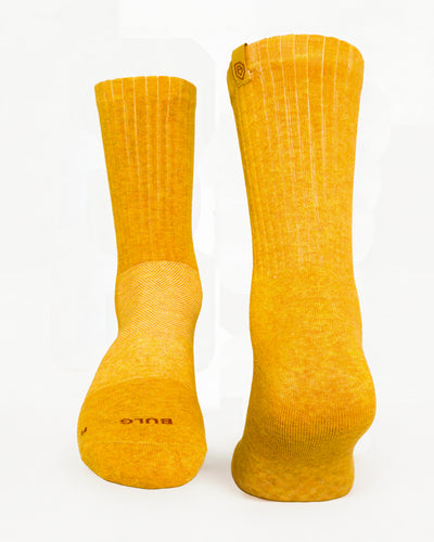Bulg 788 Summer Gold crew socks flatlay product shot in warm mustard yellow