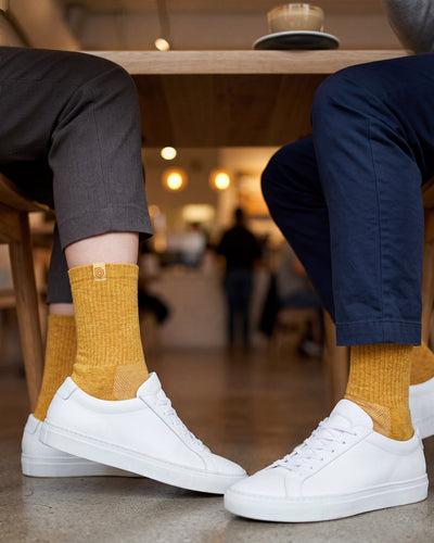 Bulg 788 Summer Gold crew socks lifestyle shot bringing a sunny accent to a casual look