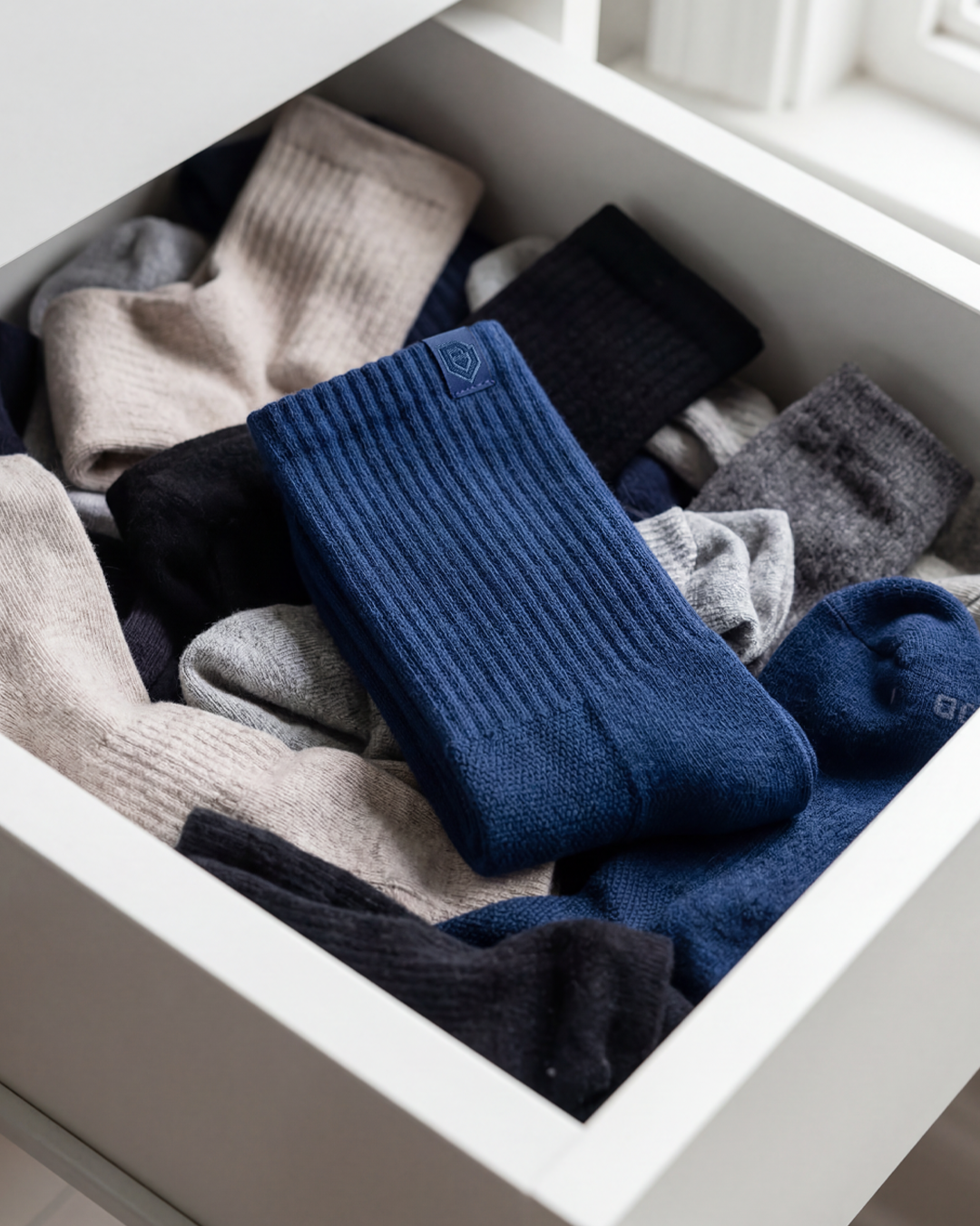 Green, orange and blue Bulg crew socks on a wooden office desk with laptop, coffee and notebooks