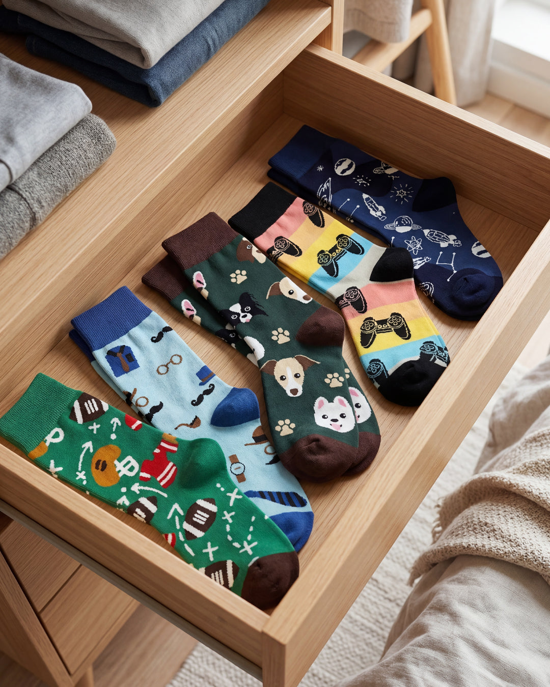 White drawer of folded Bulg crew socks in neutral beige, navy and grey tones for everyday wear