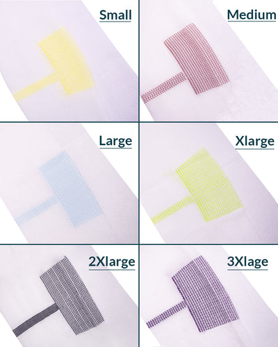 Sihman thigh-high compression socks size guide showing colored S, M, L, XL, 2XL and 3XL knit markers