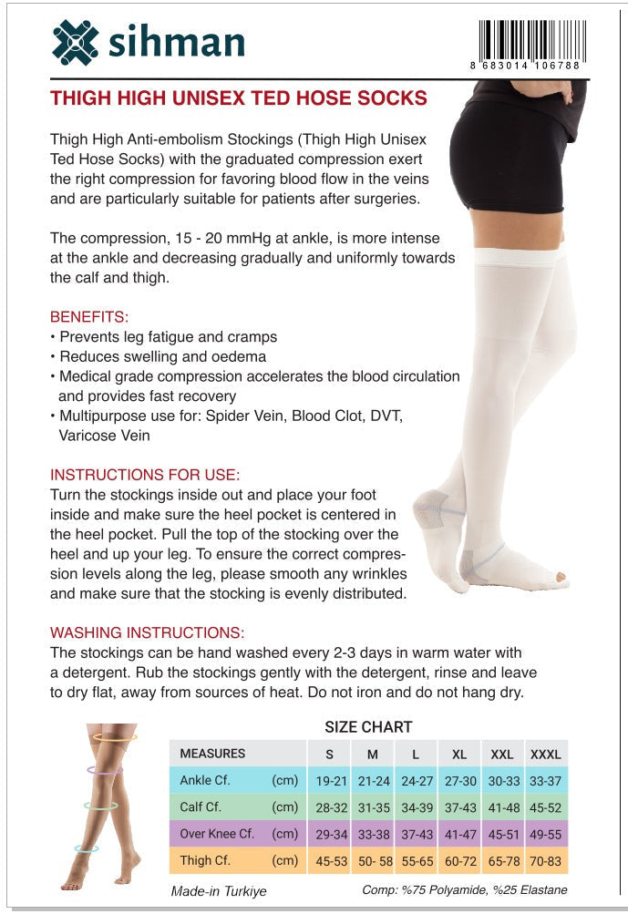 Back of Sihman thigh-high compression socks box showing comfort benefits, care instructions and size chart