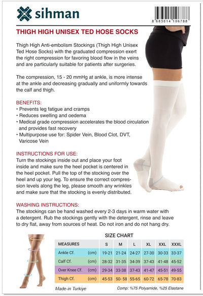 Back of Sihman thigh-high compression socks box showing comfort benefits, care instructions and size chart