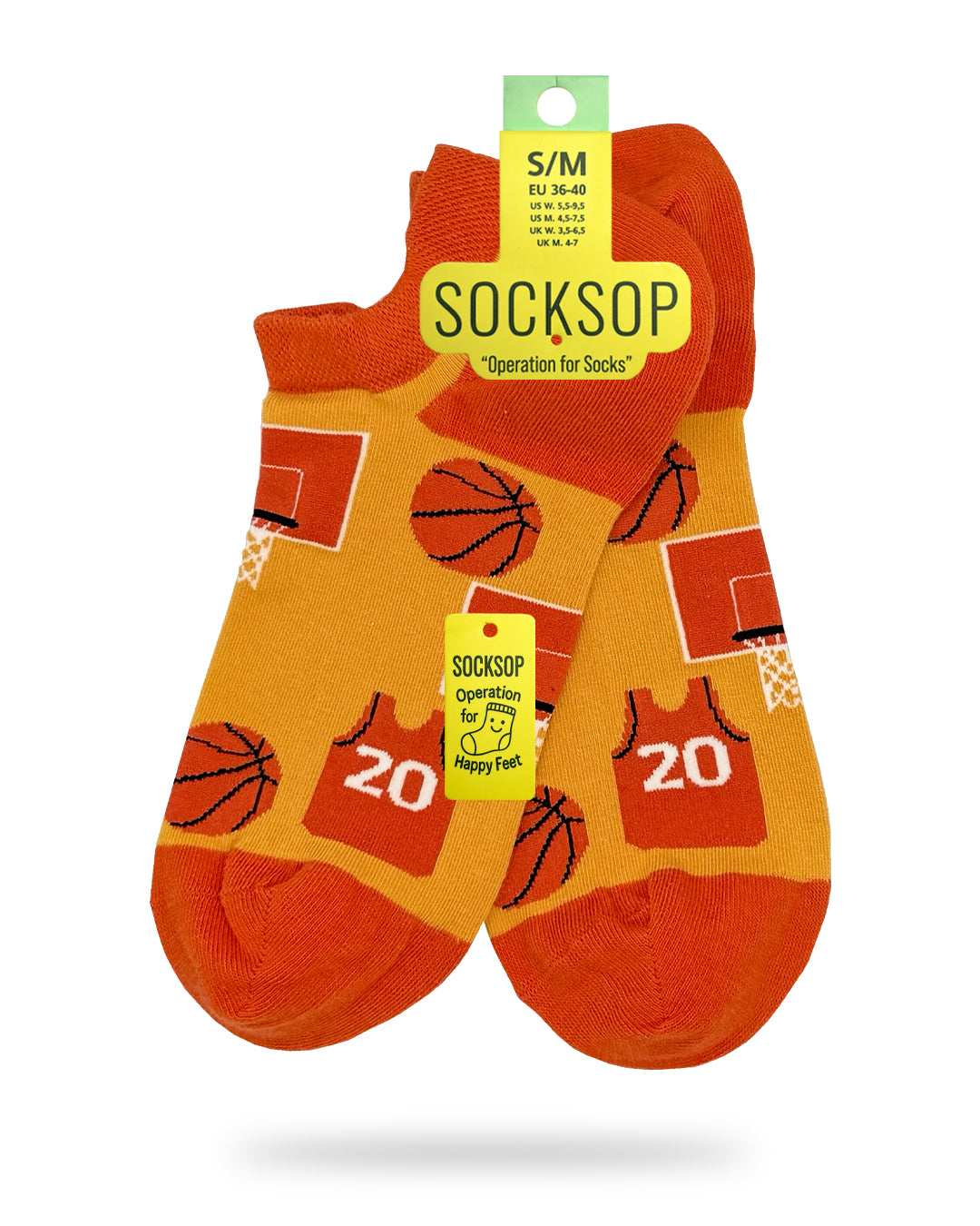 Socksop Basketball ankle socks — studio hero shot orange pair with hoops jerseys and balls