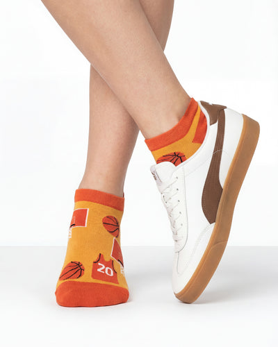 Socksop Basketball ankle socks studio shot — orange pair with basketball hoops and jersey #20